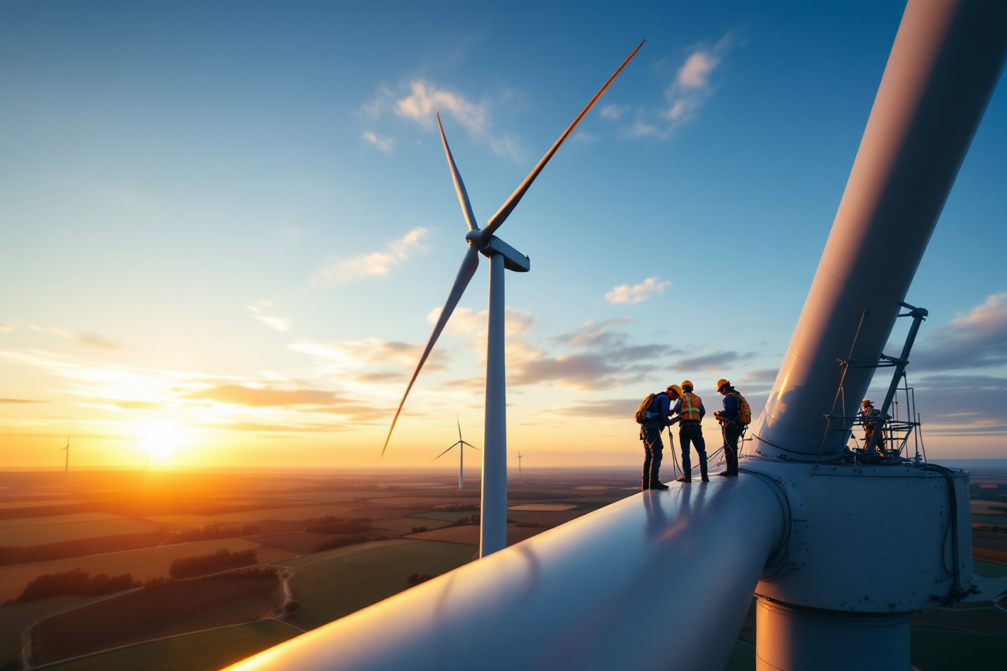 Trabajadores en un aerogenerador realizando mantenimiento